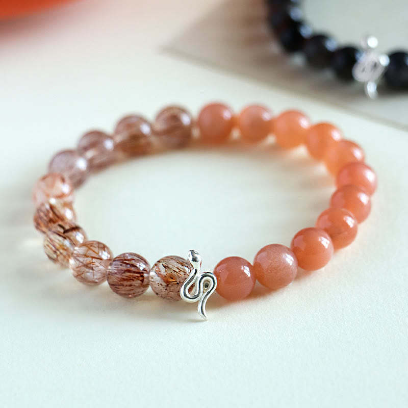 Natural Sun Stone Super Seven Crystal Silver Sheen Obsidian Rutilated Quartz 925 Sterling Silver Year Of The Snake Positive Bracelet