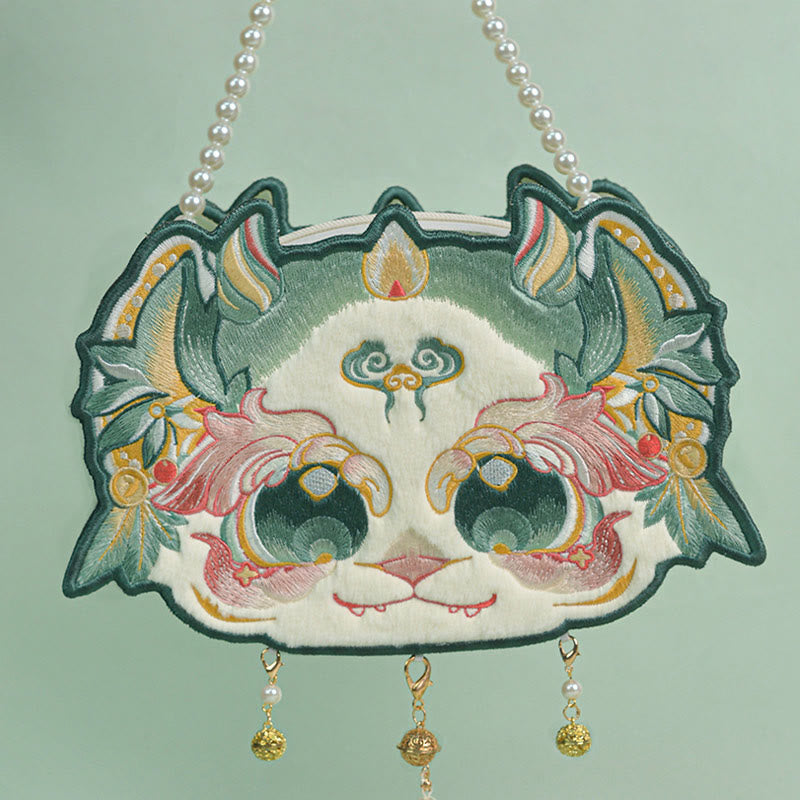 Double-sided Mythical Beast Bai Ze Embroidery Pearl Chain Tassel Shoulder Bag Crossbody Bag