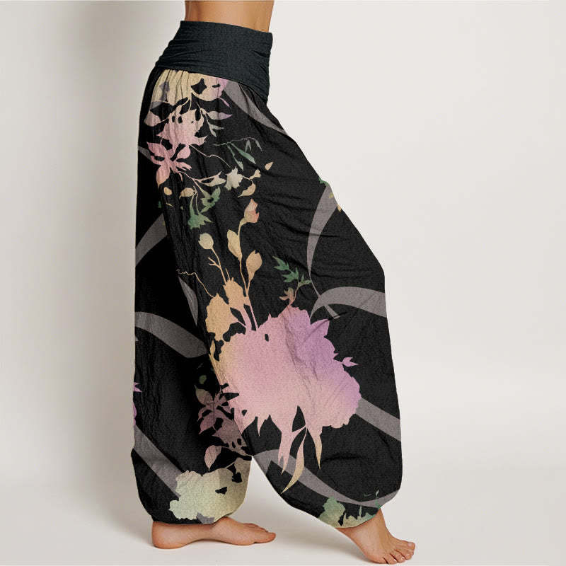 Abstract Floral Paintings Ribbon Design Women's Elastic Waist Harem Pants