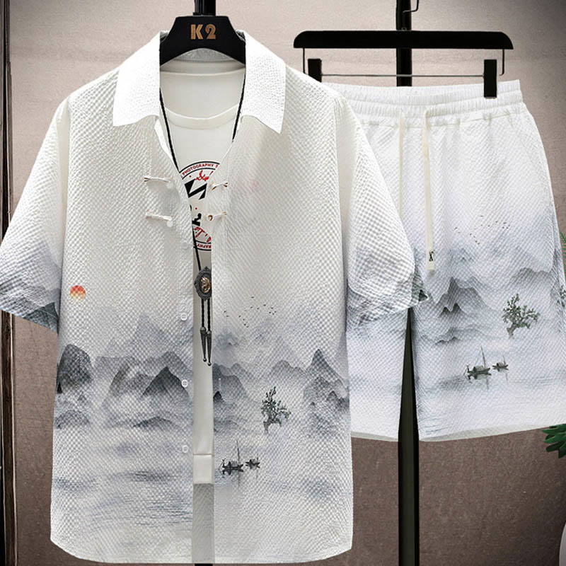 Landscape Coconut Trees Magpie Pattern Short Sleeve Shorts Men's Set