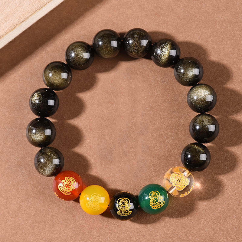 Gold Sheen Obsidian Rainbow Obsidian Black Obsidian Five Directions Gods of Wealth Bracelet