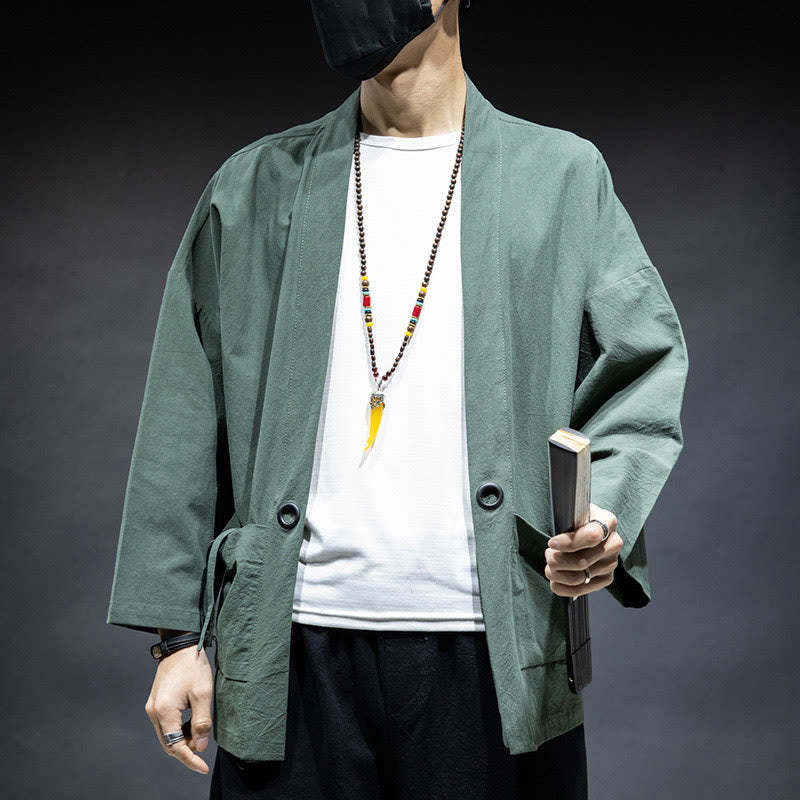 Solid Color Lace-up Open Front Jacket Cotton Men's Kimono