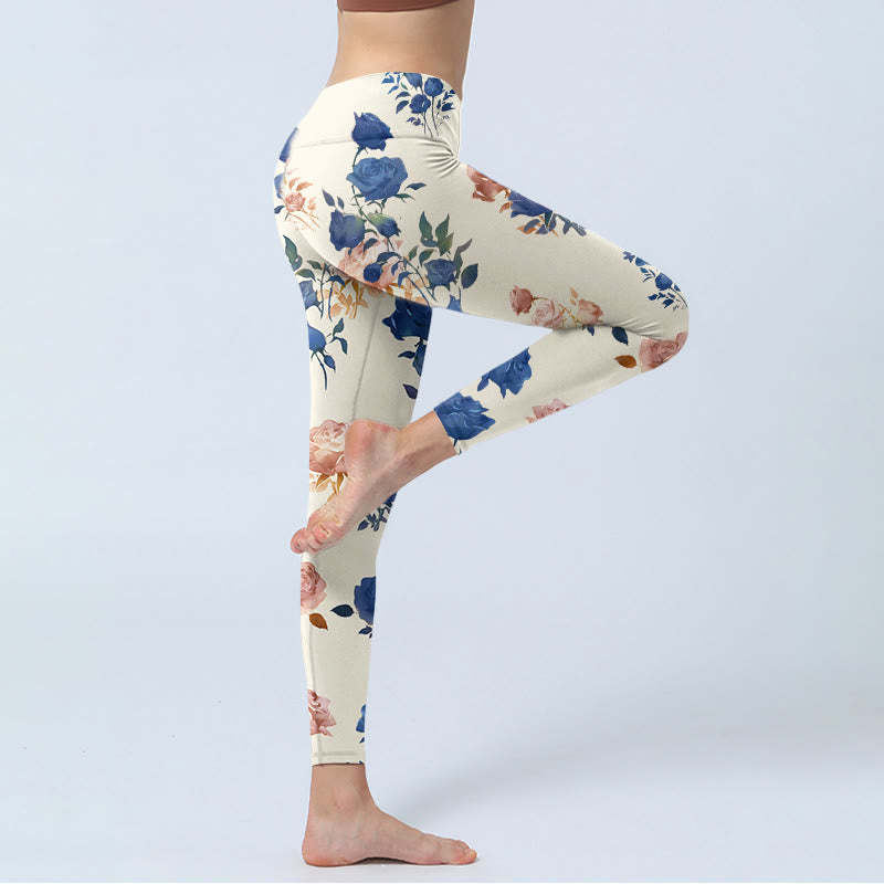 Red Blue Rose Leaf Print Gym Leggings Women's Yoga Pants
