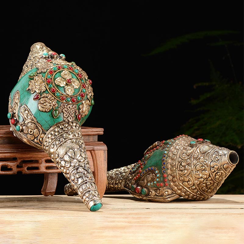 Tibetan Handmade Engraved Shankha Double Dorje mystic zen Conch Shell Wealth Positive Decoration