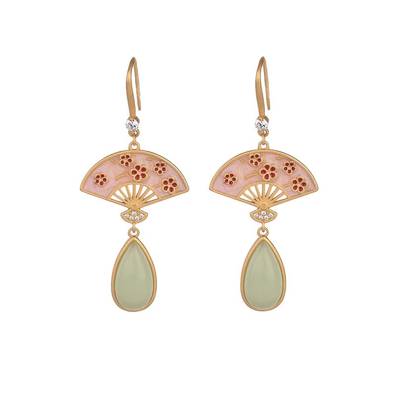 Natural Green Aventurine Fan Pattern Luck Drop Earrings