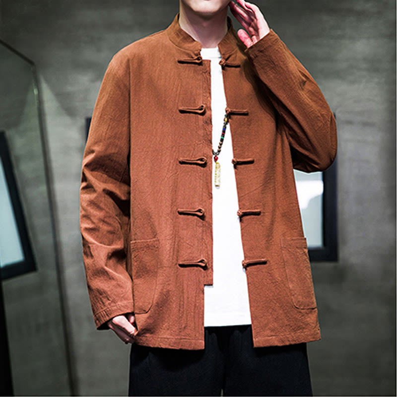 Solid Color Frog-button Tang Suit Cotton Linen Men's Jacket Shirt With Pockets