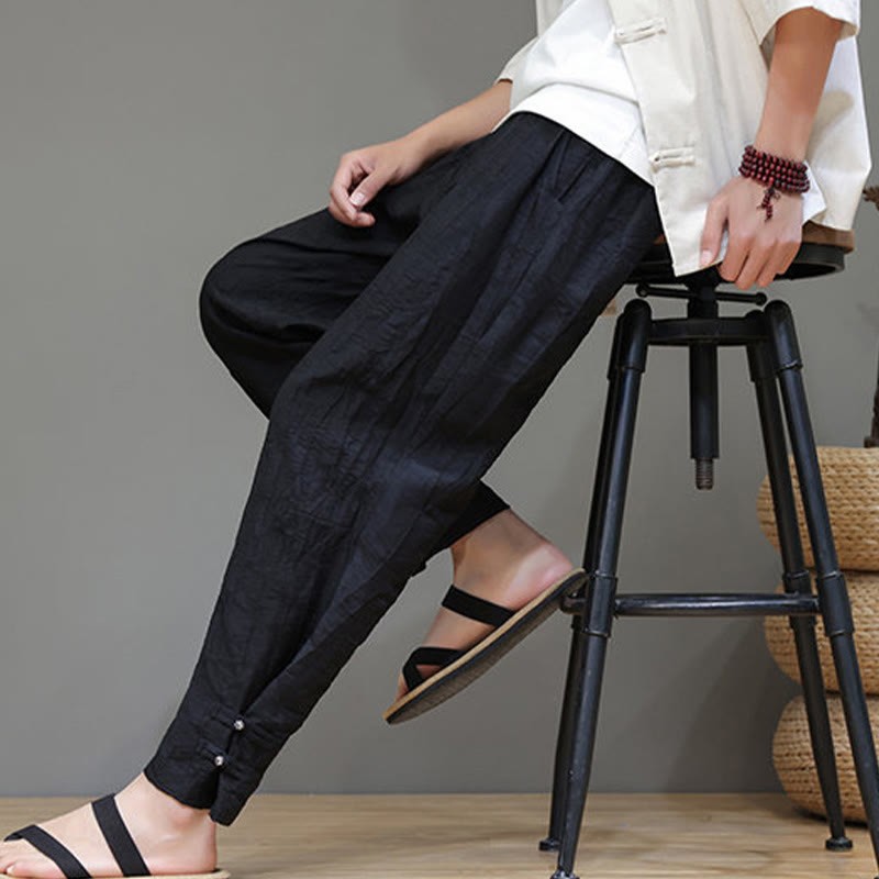 Bamboo Ankle Frog-button Drawstring Men's Pants With Pockets