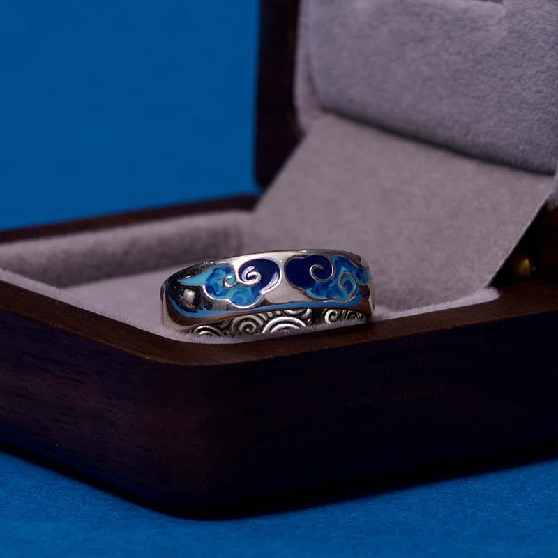 Blue Auspicious Clouds Pattern Wealth Copper Adjustable Ring
