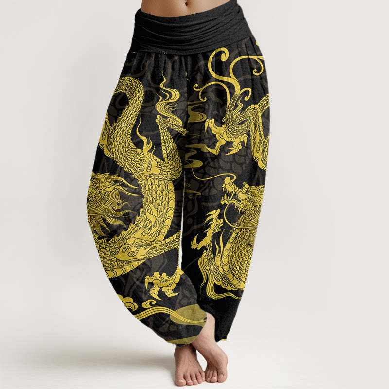 Dragon Auspicious Clouds Women's Elastic Waist Harem Pants