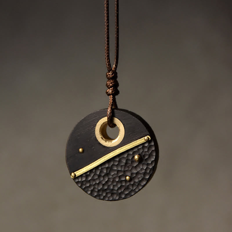 Handcrafted Round Ebony Wood Copper Peace Necklace Pendant
