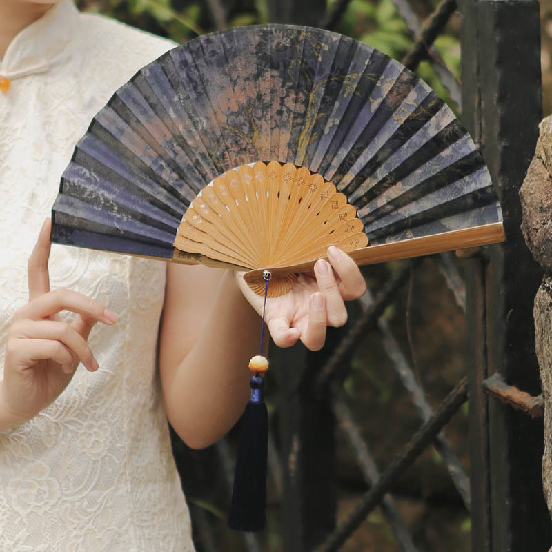 Flower Persimmon Bamboo Leaves Xiangyunsha Silk Handheld Bamboo Folding Fan