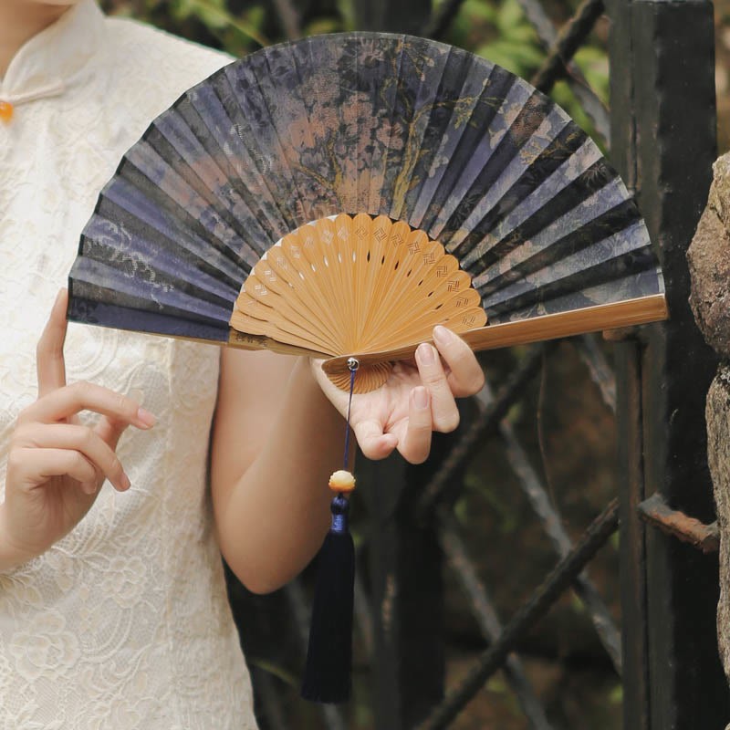 Flower Persimmon Bamboo Leaves Xiangyunsha Silk Handheld Bamboo Folding Fan