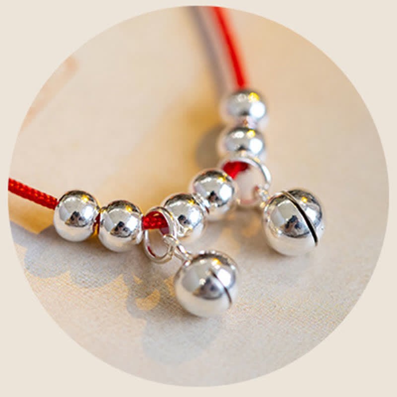 925 Sterling Silver Red String Braid Bell Charm Anklet