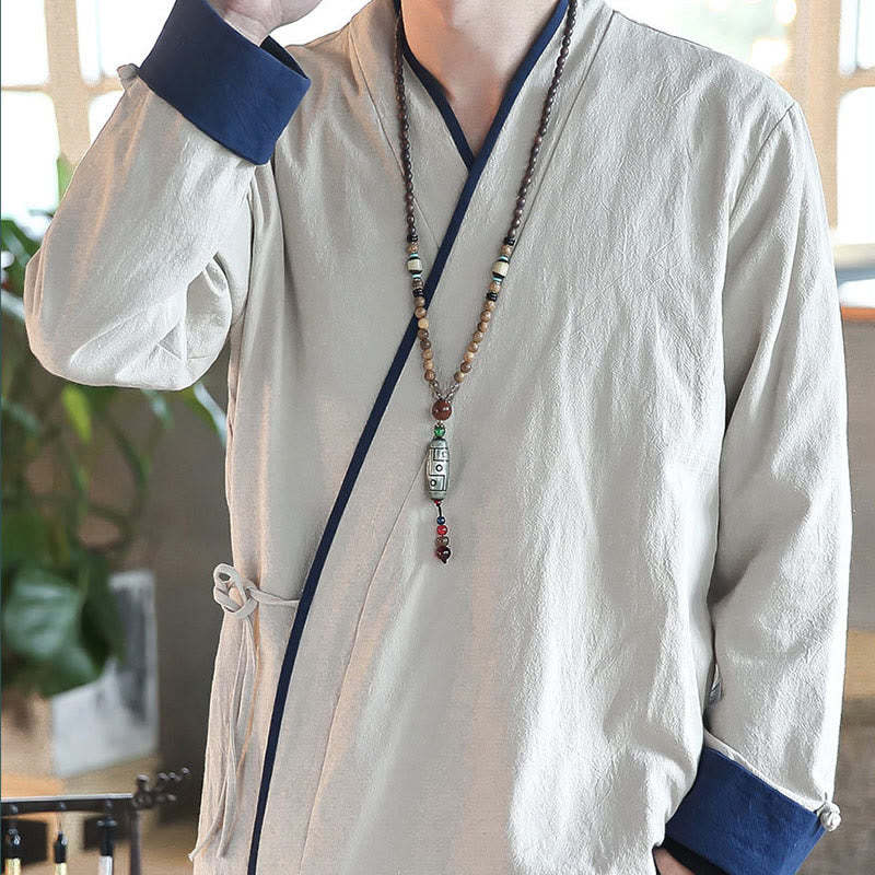 Fall Colorblock Long Sleeve Shirt Linen Lace-up Men Clothing