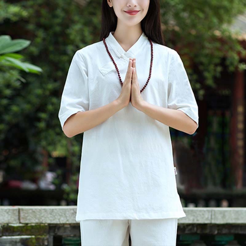 2Pcs Half Sleeve V-Neck Shirt Top Pants Meditation Zen Tai Chi Linen Clothing Women's Set