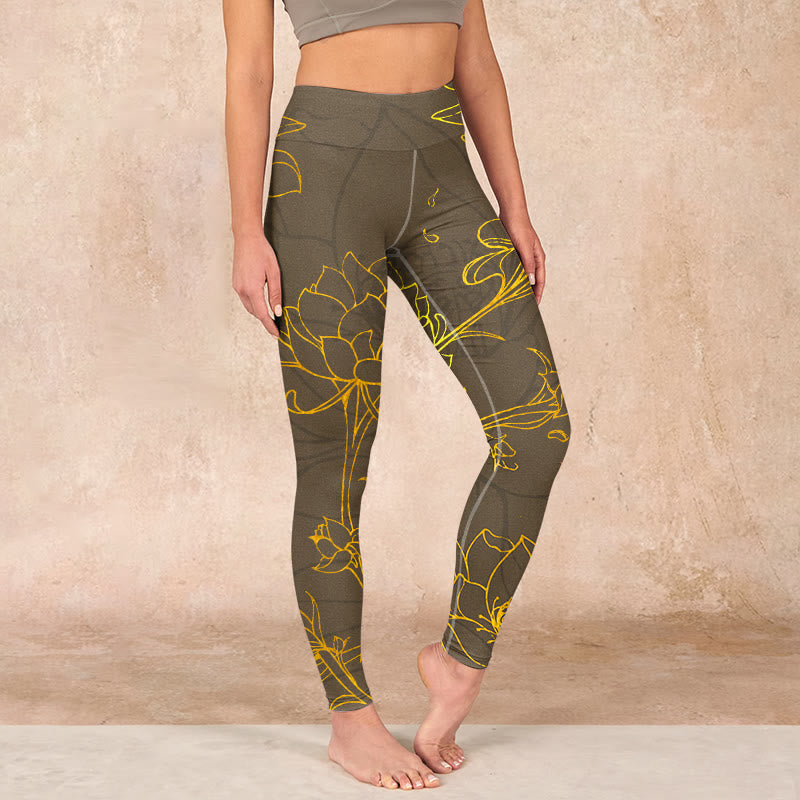 Yellowish Brown Lotus Flower Lotus Leaf Print Gym Leggings Women's Yoga Pants