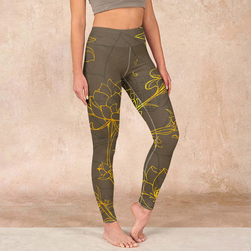 Yellowish Brown Lotus Flower Lotus Leaf Print Gym Leggings Women's Yoga Pants