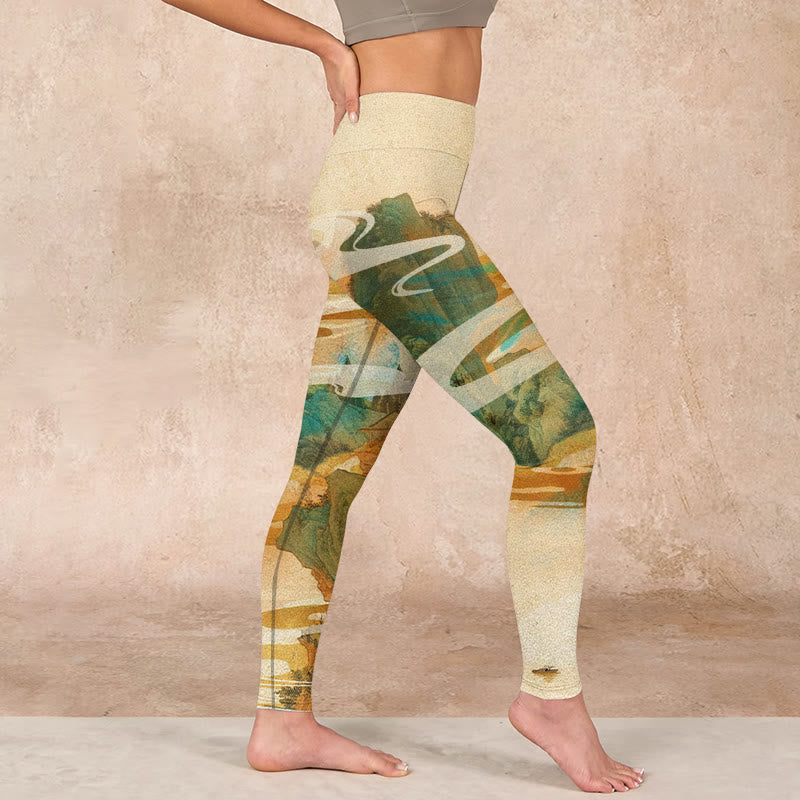 Green Mountains Clouds Mist Print Fitness Leggings Women's Yoga Pants