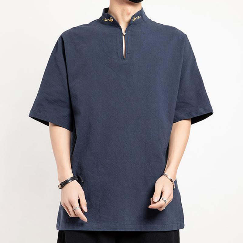 Chinese Tang Suit Embroidery Half Sleeve Shirt Linen Men Clothing