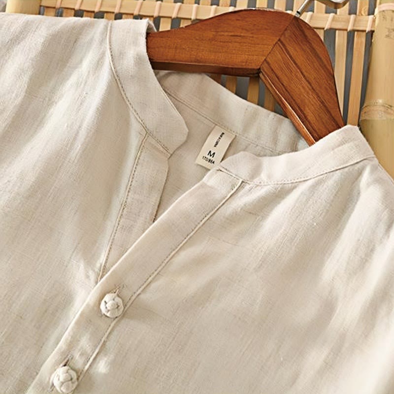 Daily Solid Color Stand Collar Half Sleeve Linen Half Button Men's Shirt