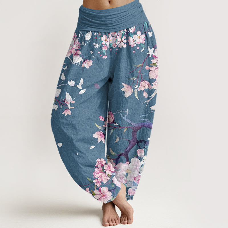 Casual Branch Peach Blossom Women's Elastic Waist Harem Pants