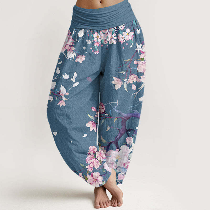 Casual Branch Peach Blossom Women's Elastic Waist Harem Pants