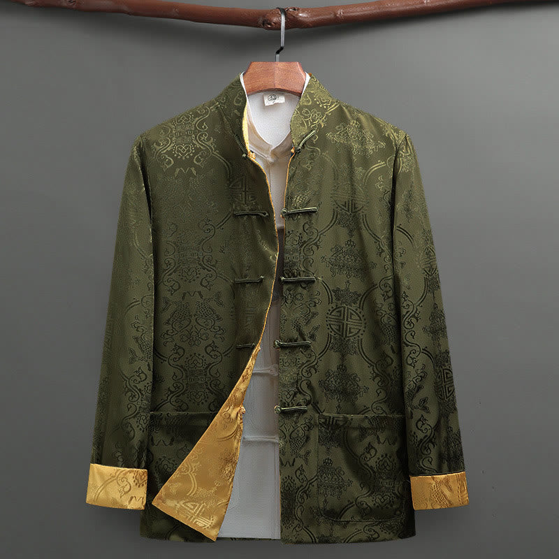 Men's Frog-Button Tang Suit Koi Fish Pattern Long Sleeve Jacket Shirt With Pockets