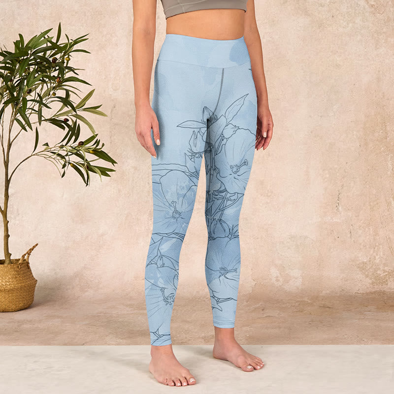Blue Flower Sketch Print Sports Leggings Women's Yoga Pants