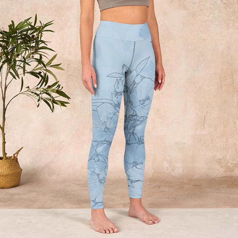 Blue Flower Sketch Print Sports Leggings Women's Yoga Pants