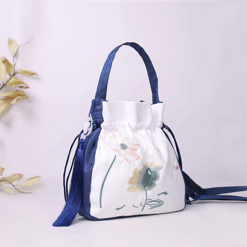 Embroidered Lotus Koi Fish Crane Camellia Cotton Linen Tote Crossbody Bag Shoulder Bag Handbag