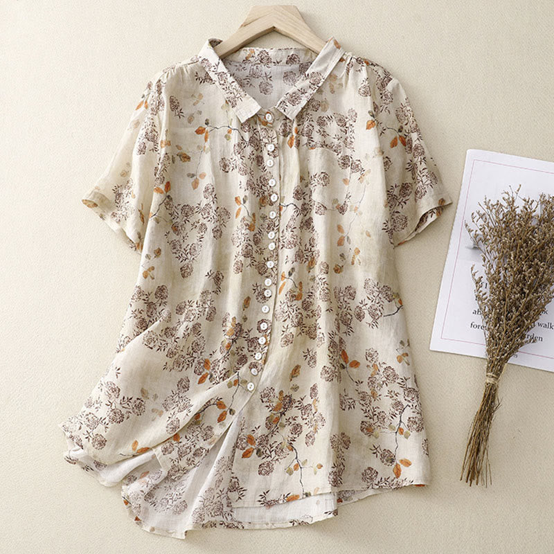 Casual Floral Print Buttons Women's Stand Collar Design Half Sleeve Carbon Fiber Shirt