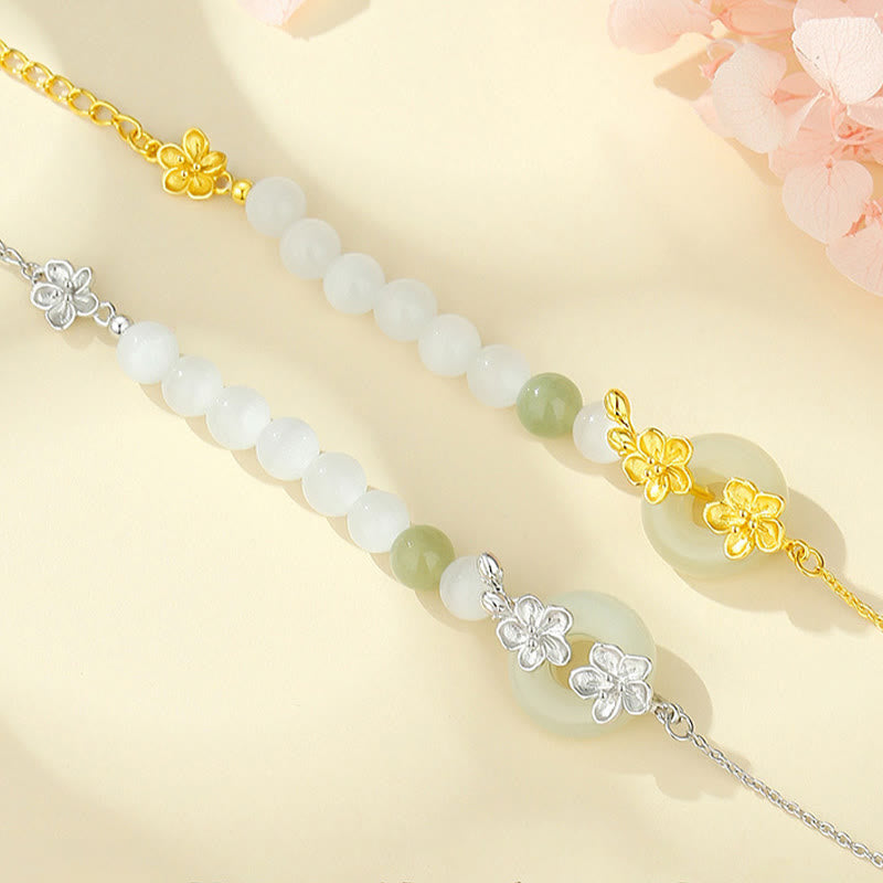 999 Sterling Silver Natural Hetian Jade Peace Buckle Peach Blossom Luck Bracelet