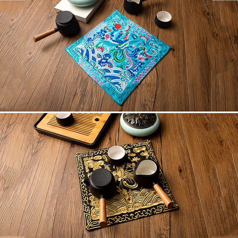 Phoenix Dragon Kirin Embroidery Cup Mat Pad Tea Cup Coaster Kung Fu Tea Mat