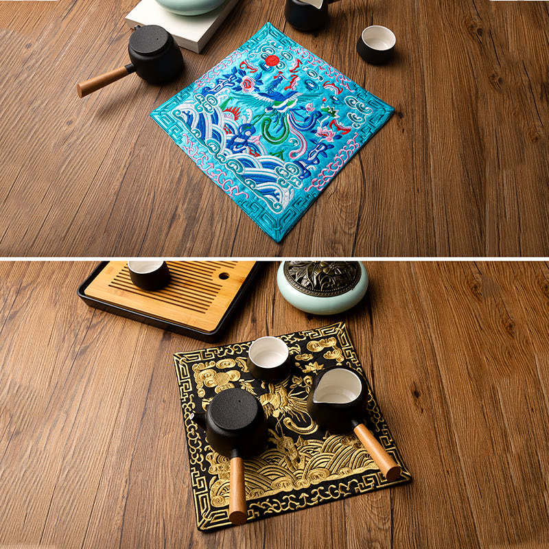 Phoenix Dragon Kirin Embroidery Cup Mat Pad Tea Cup Coaster Kung Fu Tea Mat