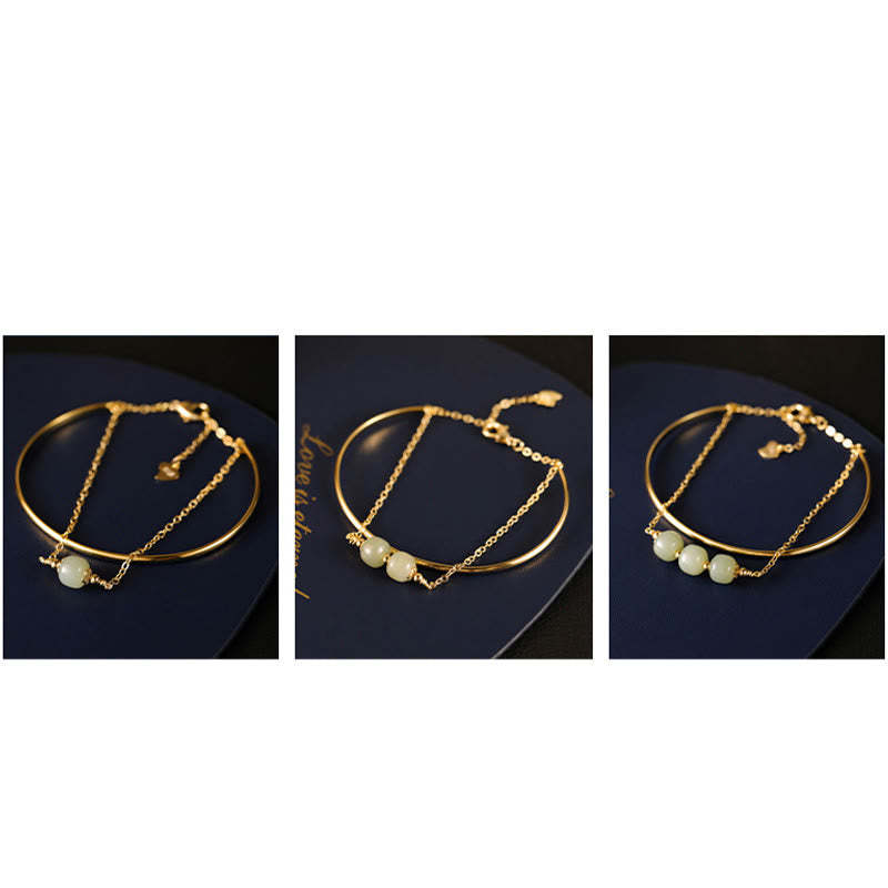Copper Plated Gold Hetian Jade Bead Luck Double Layer Bracelet Bangle