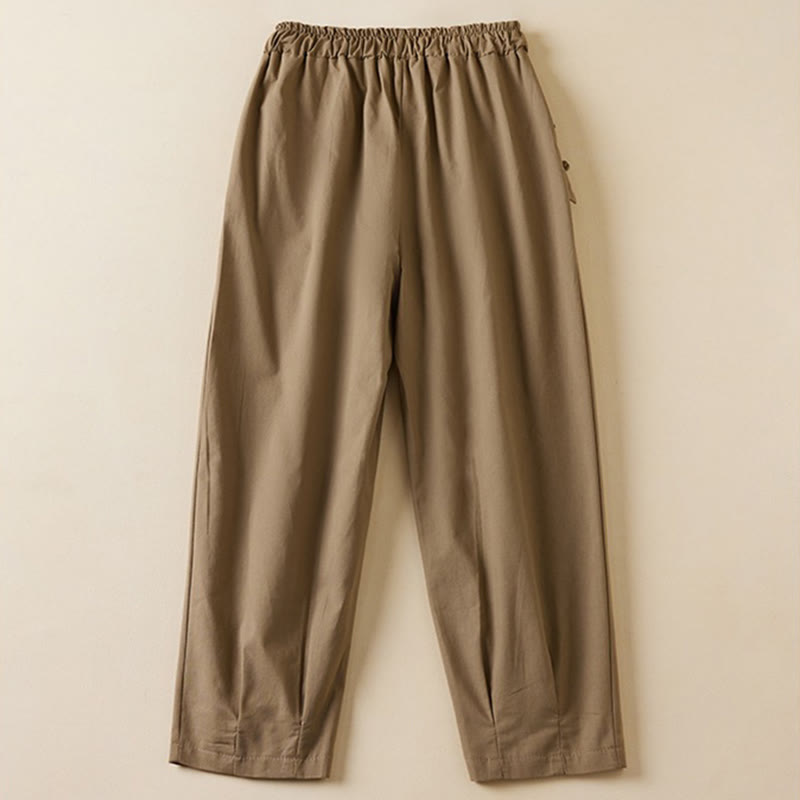 Casual Plain Frog-Button 7-8 Length Cropped Pants Women's Cotton Linen Harem Pants With Pockets