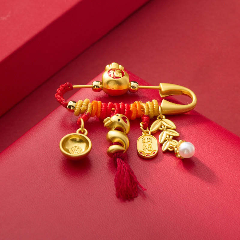 Copper Year Of The Snake Tassels String Spike Fu Bowl Lucky Fortune Bag Brooch