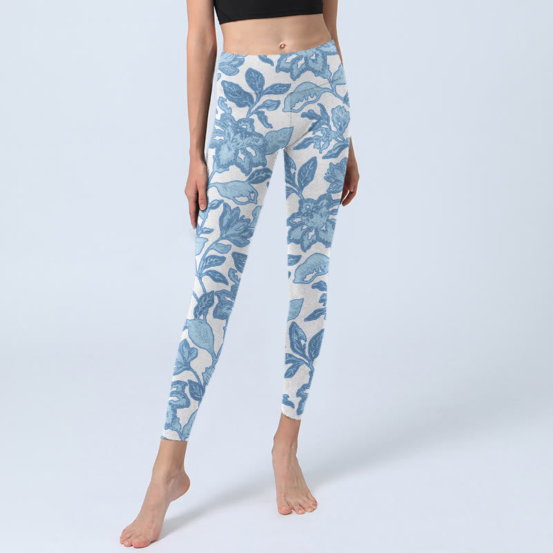 Pale Blue Flowers Leaves Print Sports Fitness Leggings Women's Yoga Pants