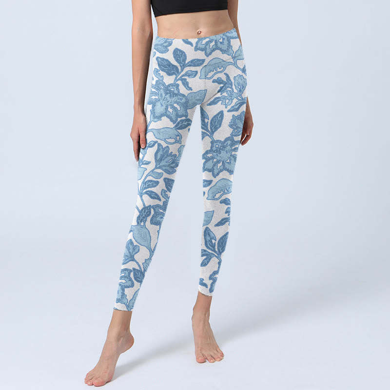 Pale Blue Flowers Leaves Print Sports Fitness Leggings Women's Yoga Pants