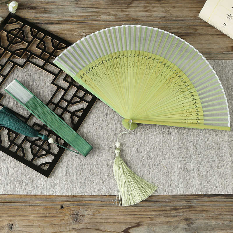 Solid Color Dragonfly Tassel Handheld Mulberry Silk Bamboo Folding Fan