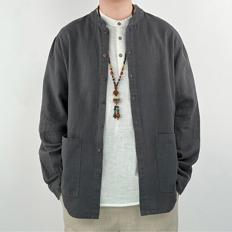 Casual Solid Color Ramie Linen Cotton Men's Shirt With Pockets