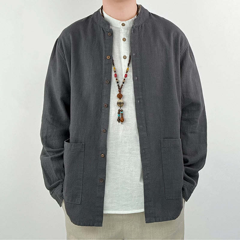Casual Solid Color Ramie Linen Cotton Men's Shirt With Pockets