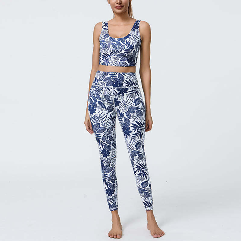 2Pcs Pineapple Grass Leaves Print Sports Fitness Crop Tank Bra High Waist Leggings Yoga Pants