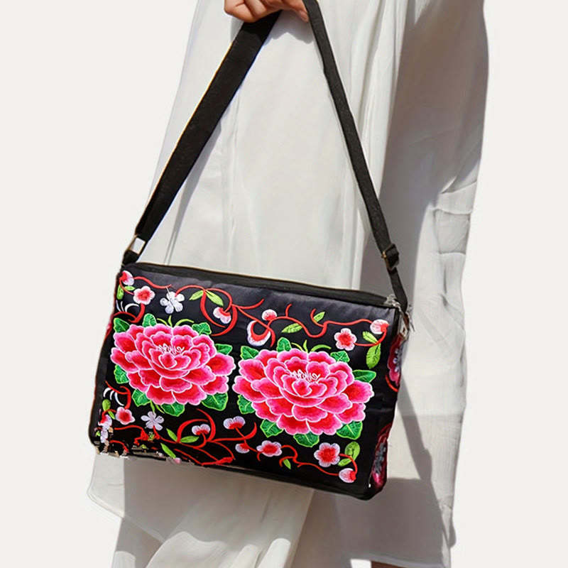 Galsang Inula Flower Peony Peacock Double-Sided Embroidery Canvas Shopping Purse Handbag Crossbody Bag