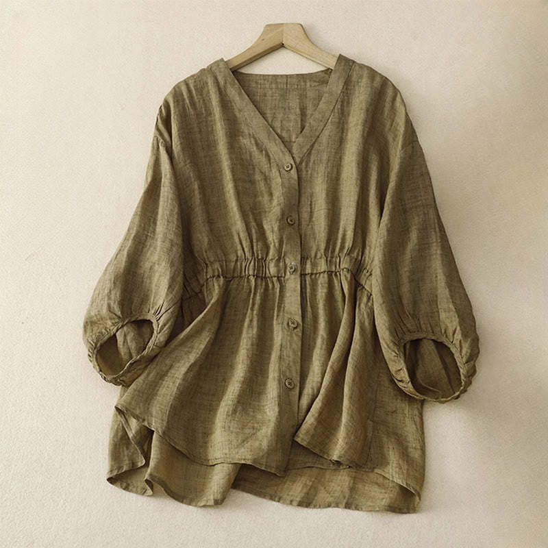Spring Plain Button Half Puff Sleeve Waisted V-Neck Cotton Linen Women's Shirt