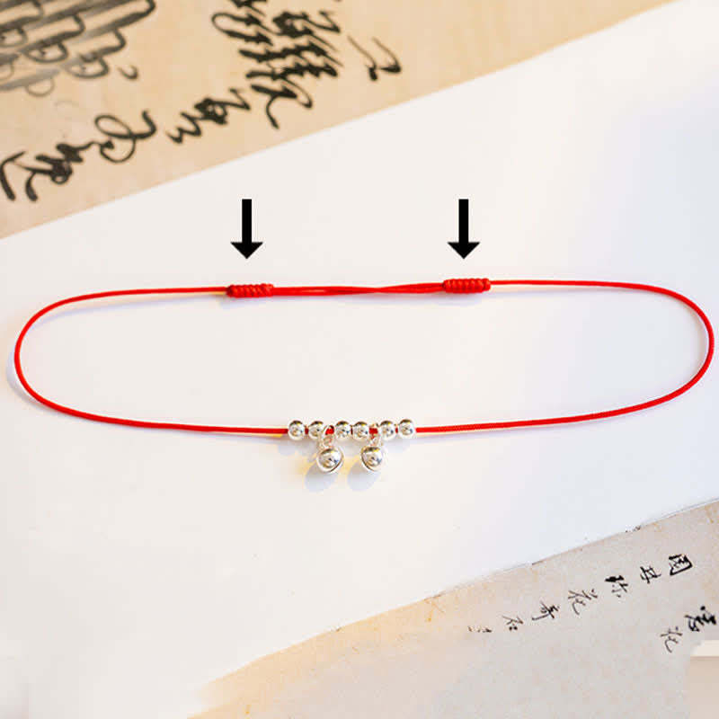 925 Sterling Silver Red String Braid Bell Charm Anklet