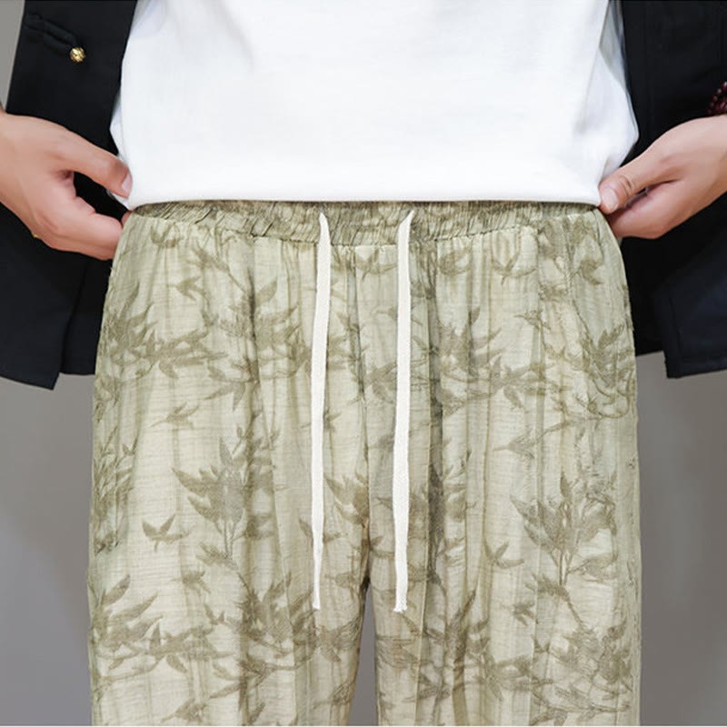 Bamboo Ankle Frog-button Drawstring Men's Pants With Pockets