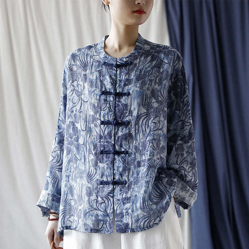 Retro Blue White Flowers Frog-Button Design Long Sleeve Ramie Linen Jacket Shirt