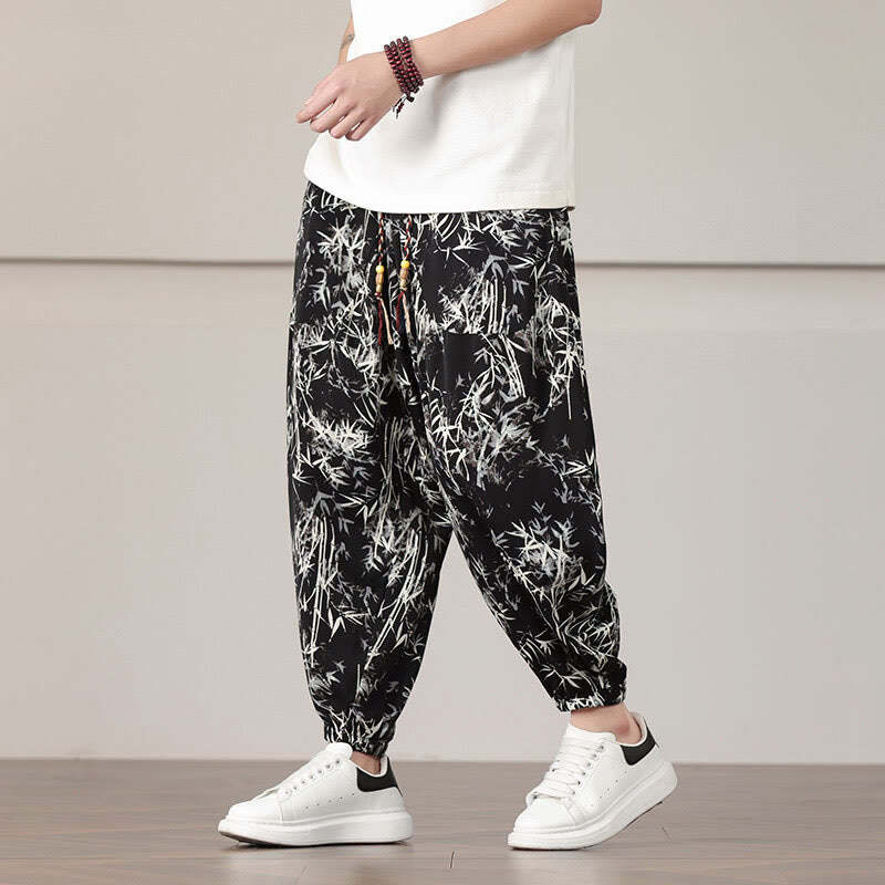 Bamboo Leaf Pattern Drawstring Men's Harem Pants With Pockets