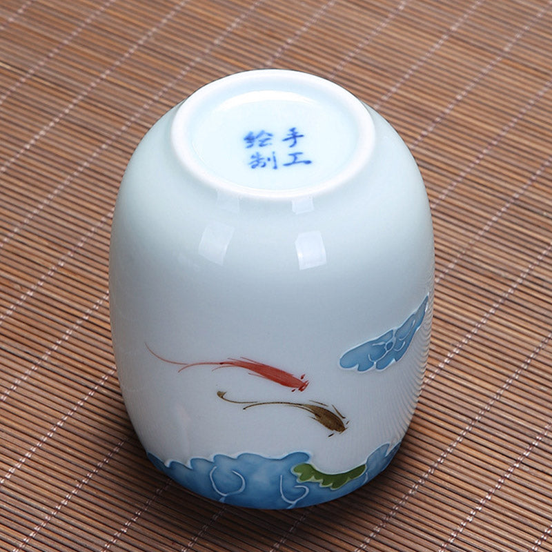 Koi Fish Lotus Landscape Dandelion Peony Flower Ceramic Teacup Kung Fu Tea Cup